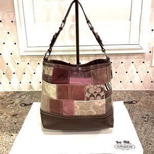 COACH patchwork tote in leather. Variety of textures & monogram canvas. #10434